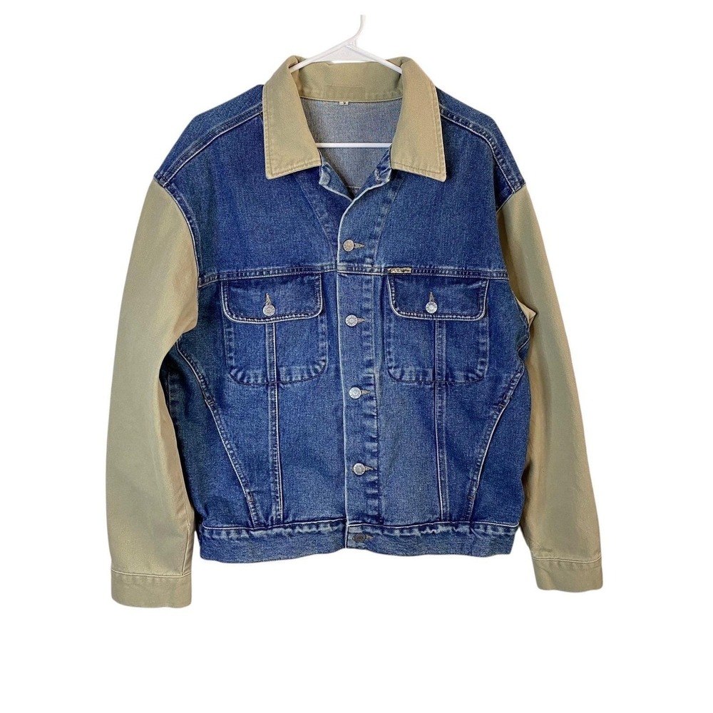 Vintage GUESS Denim Jean Jacket Khaki Sleeves Collar Mens Size Large USA